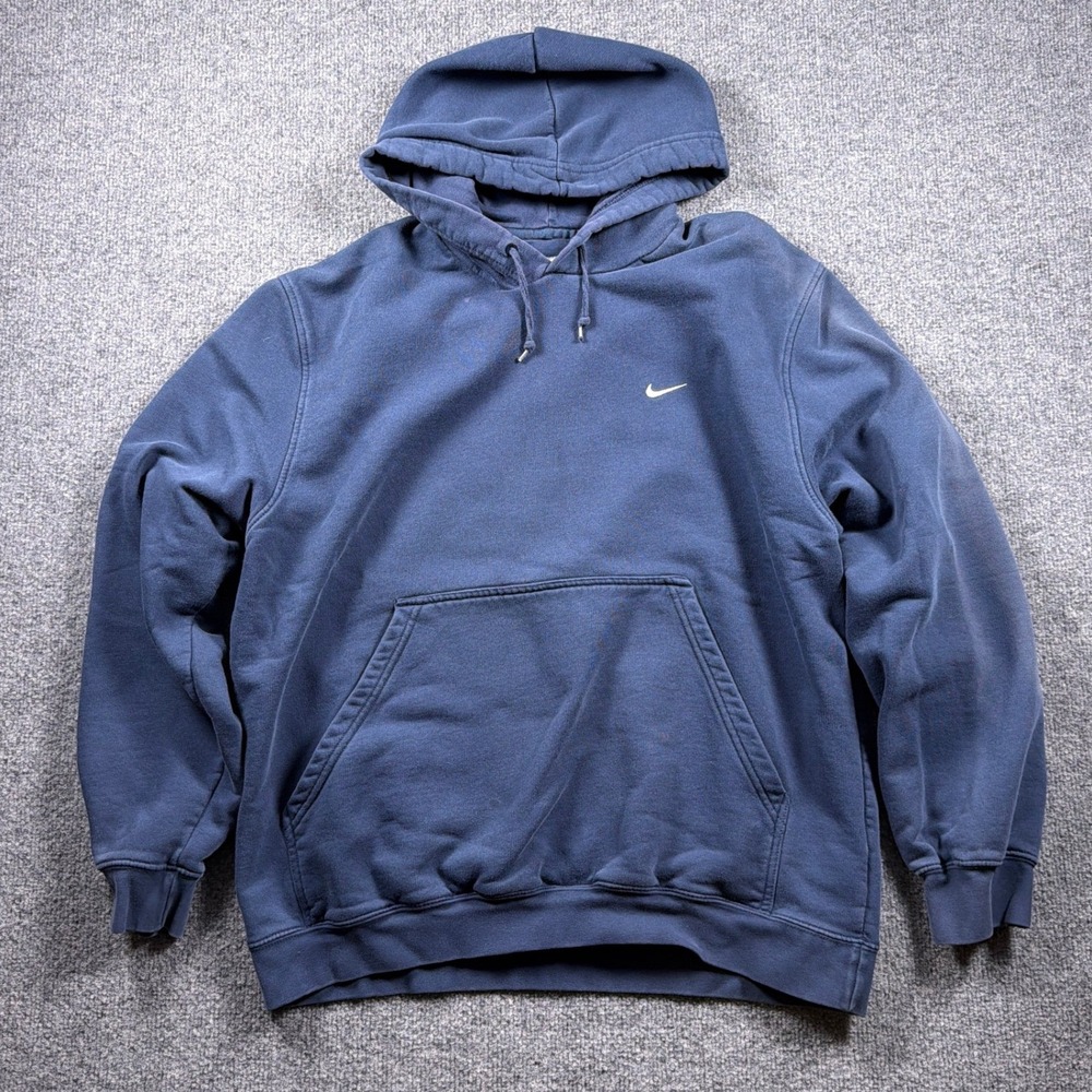 Y2K Nike Hoodie Mens Silver Tag Large Navy Blue Swoosh Pullover Sweatshirt F04